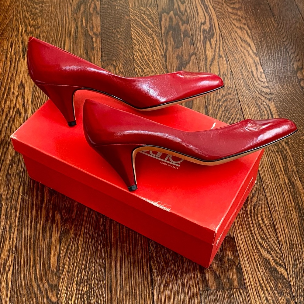 Bandolino Bollo Pumps Dark Red Kid Leather Clip-On Bows Italy Sz 8 *NIB*VTG*80s* - Picture 2 of 15